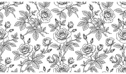 Seamless black and white rose pattern with detailed floral line art elegant botanical repeat design © Hanif
