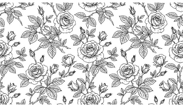 Seamless black and white rose pattern with detailed floral line art elegant botanical repeat design