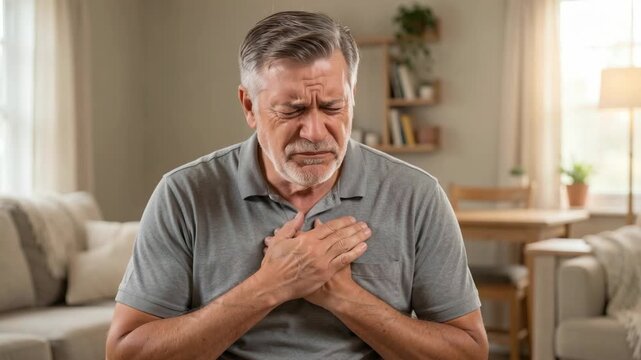 An older man clutching his chest with one hand, indicating severe heart pain or discomfort.