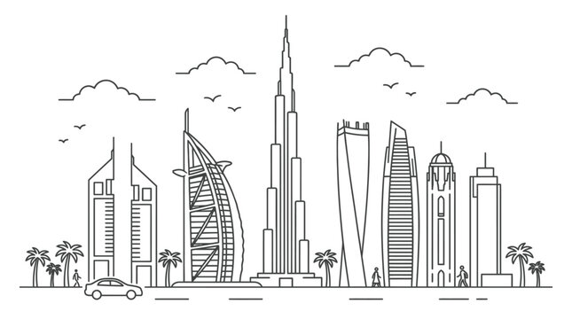 Dubai City Skyline Line Art Illustration with Famous Skyscrapers Landmarks and Palm Trees Vector