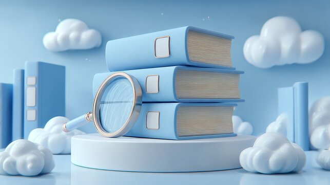 Stack of blue books with magnifying glass on circular platform in sky cloud setting