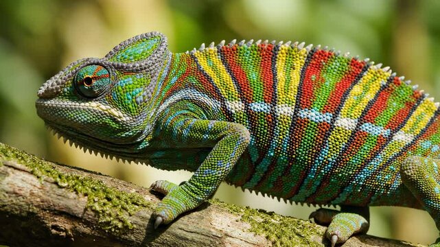 This video features a close-up shot of a chameleon perched on a branch in a forest, highlighting its intricate scales and vibrant coloration as it blends into its surroundings.