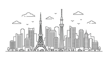 Obraz premium Tokyo City Skyline Line Art Illustration Featuring Famous Urban Landmarks and Modern Skyscrapers