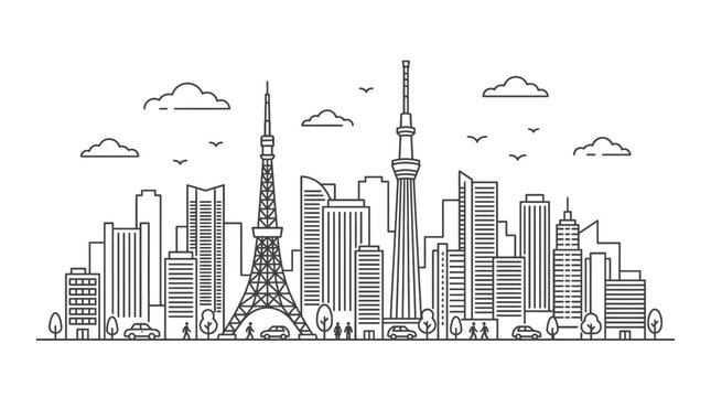 Tokyo City Skyline Line Art Illustration Featuring Famous Urban Landmarks and Modern Skyscrapers