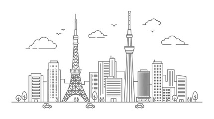 Fototapeta premium Tokyo City Skyline Line Art Illustration Featuring Famous Urban Landmarks and Modern Skyscrapers