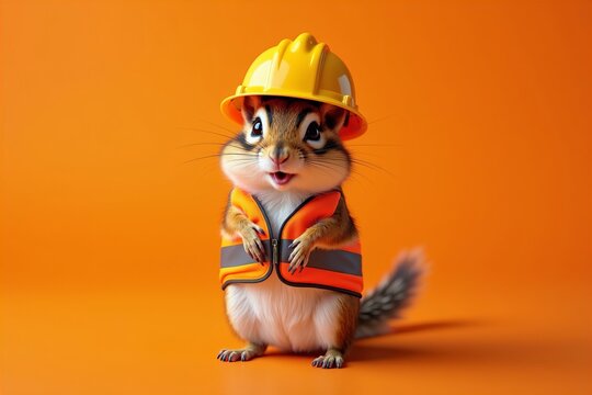 Chipmunk Construction Worker: A Cute Critter in Safety Gear on a Vibrant Orange Background