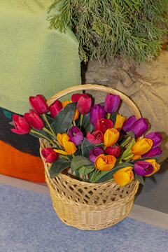 Colour Artificial Tulips Flowers Bouquet in Woven Vicker Gift Basket