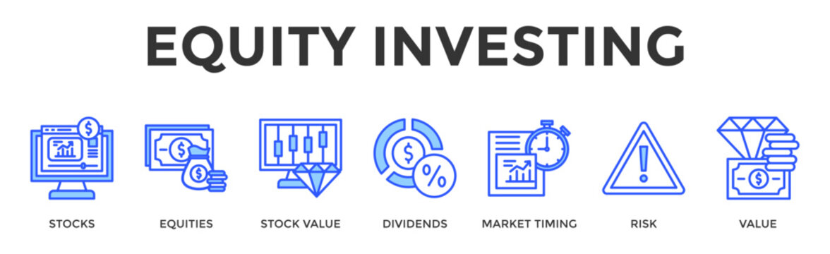 Equity Investing  Banner Web  Icon Set Collection Pack Vector Illustration Concept Containing Stocks, Equities, Stock Value, Dividends, Market Timing, Risk, Value