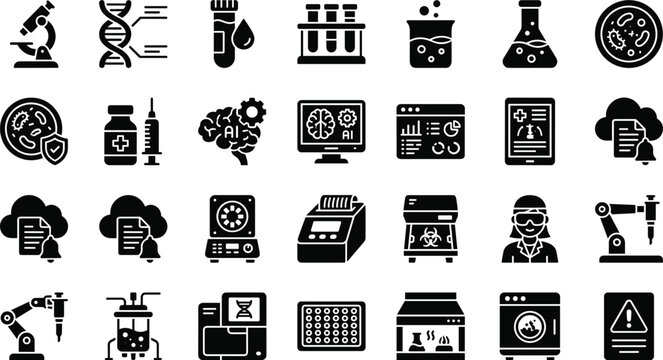 Medical Laboratory and Biotechnology Icons Set Featuring DNA Research AI Diagnostics and Healthcare Technology Symbols