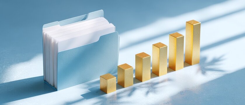 Yellow bar chart showing steady growth progress with folder document business background
