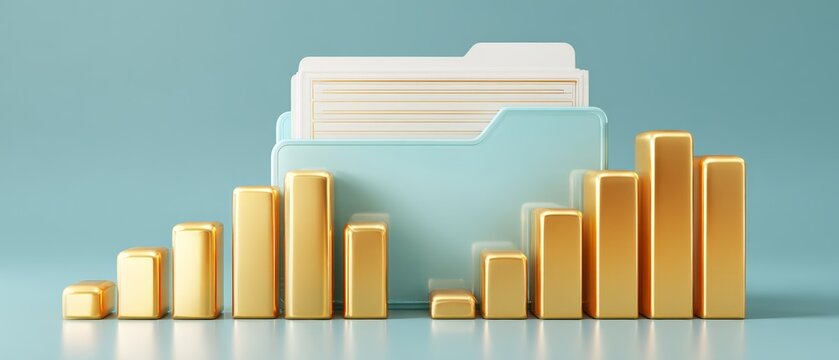Yellow bar chart showing steady growth progress with folder document business background