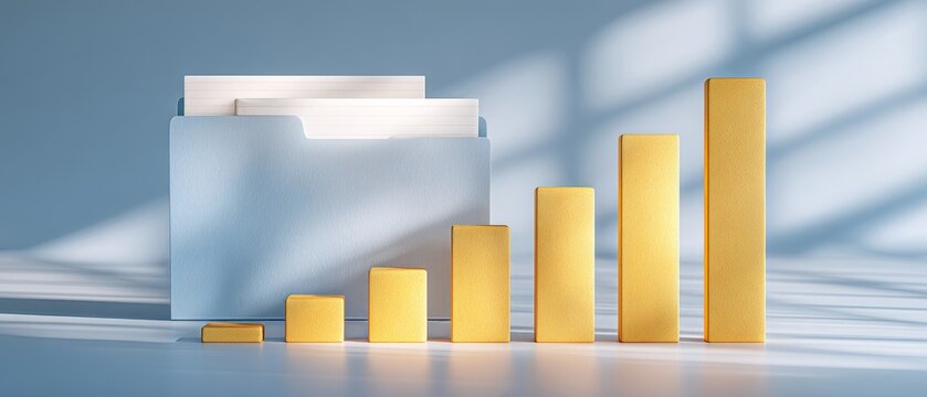 Yellow bar chart showing steady growth progress with folder document business background