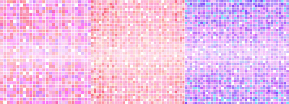 Disco sequin sparkle mosaic backgrounds set. Retro glam disco ball shine and glitter texture bg. Shining halftone wallpaper, pop up sparkling glitter backdrop