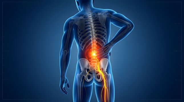 Human Anatomy Illustrating Lower Back Pain and Sciatica Nerve Pathway.