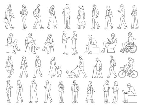 CAD drawings of diverse people in various poses and activities for architectural and urban planning visualization