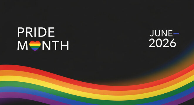 Pride Month text with a rainbow heart and June 2026 date on a dark background with rainbow wave accent, symbolizing LGBTQ+ celebration and inclusivity