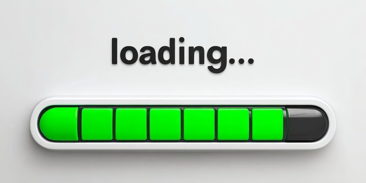 Loading progress bar on digital screen, green status indicator showing almost complete download process. Technology interface concept.