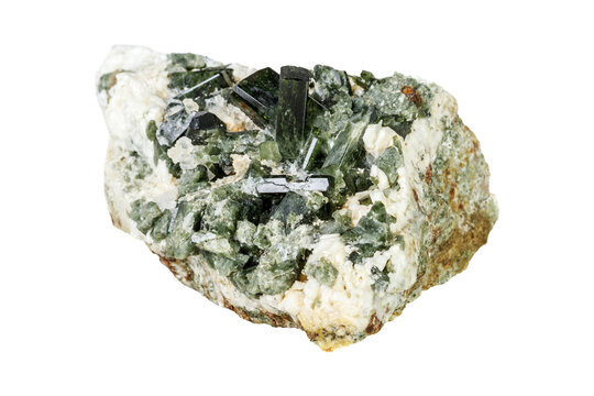 High-quality macro shot of raw dark green Tourmaline. Detailed view of the prismatic crystalline structure, perfect for mineralogy studies, geology education, and scientific collections.