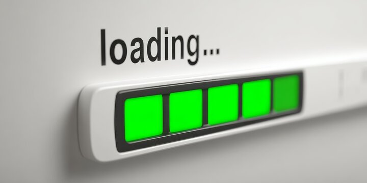 Loading progress bar on digital screen, green status indicator showing almost complete download process. Technology interface concept.