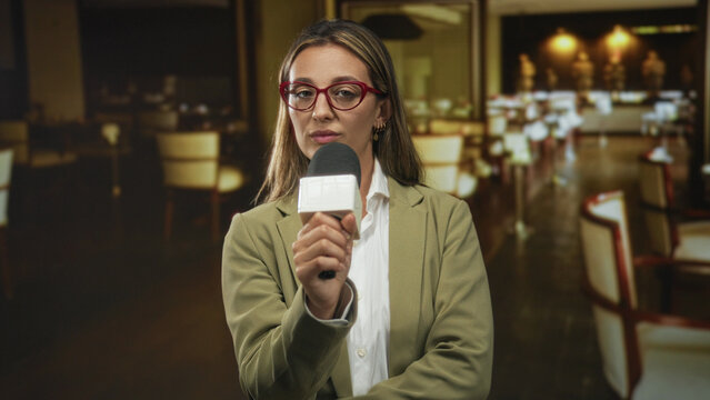 Woman holding microphone in building restaurant dining room, red glasses visible, hand raised near head; confidence press reporting.