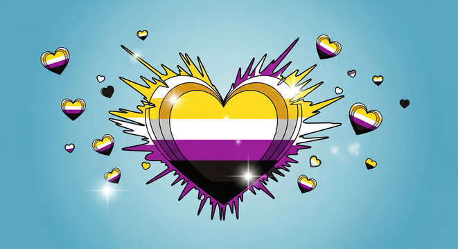 A radiant heart shape filled with non-binary pride flag colors, exploding outward with vibrant energy, symbolizing pride and celebration, with smaller hearts scattered around