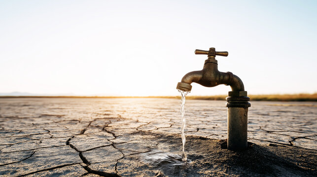 Rusty tap slowly dripping water onto dry cracked earth, symbolizing drought, climate change impacts, and scarcity