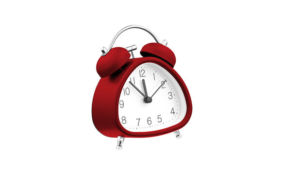 Modern Red analog table clock with a unique geometric shape and double bells. High-quality studio shot of a blue timekeeping device, perfect for product catalogs and e-commerce.