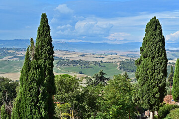 Naklejka premium Pienza, le colline della Val d'Orcia dalla loggia di Palazzo Piccolomini, Val d'Orcia, Toscana