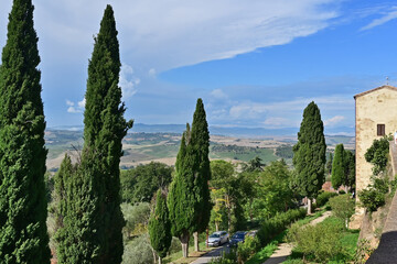 Naklejka premium Pienza, le colline della Val d'Orcia dalla loggia di Palazzo Piccolomini, Val d'Orcia, Toscana