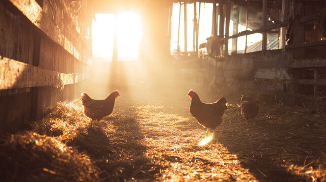 Chickens walking inside a sunlit farm barn with golden rays of light streaming through dusty air and straw on the ground