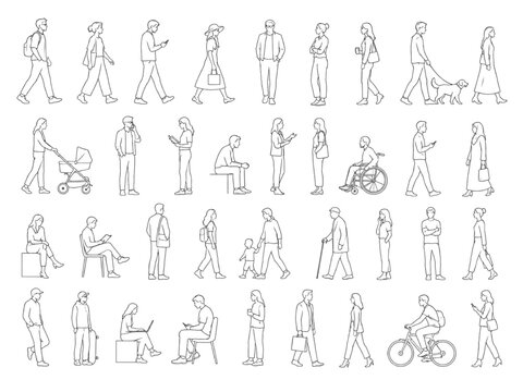 CAD Drawing of People Silhouettes in Various Poses, Walking, Sitting, and Cycling for Architectural and Urban Planning Designs