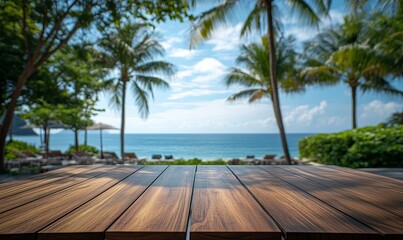 Fototapeta premium A wooden table with an ocean view and palm trees in the background, creating a tropical beach atmosphere The sun is setting over the water, casting warm hues on the scene, Generative AI