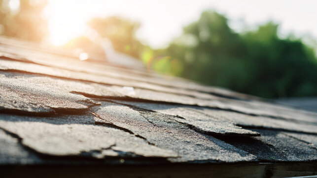 Old asphalt roof shingles experiencing deterioration and damage, highlighting the need for urgent house repair and property improvement