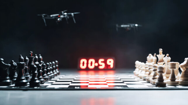 Geopolitical strategy unfolding on a chessboard with hovering drones and a digital countdown