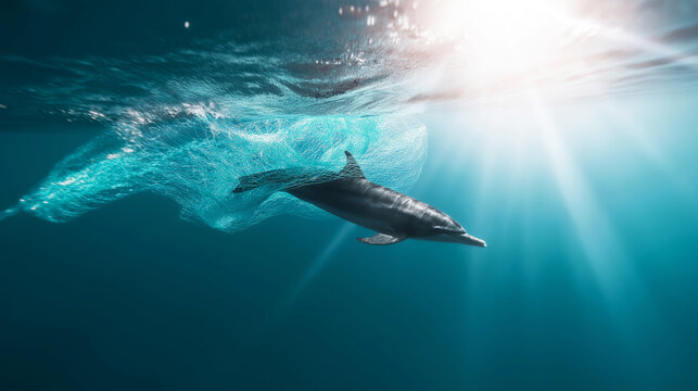 Dolphin swimming entangled in a fishing net in deep blue ocean water, sunlight illuminating marine environmental crisis