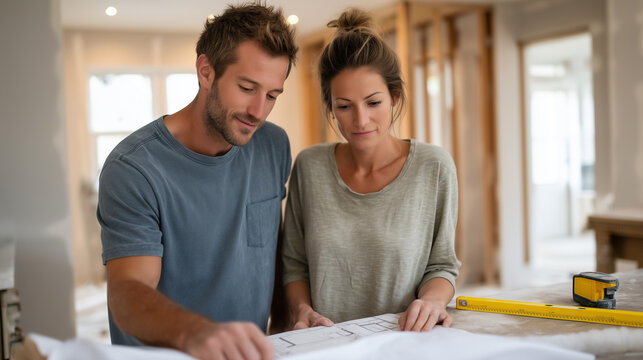 couple reviewing home renovation blueprints spread on kitchen island of property under construction, drywall dust on surfaces, measuring tape and level nearby, real estate investment DIY home improv