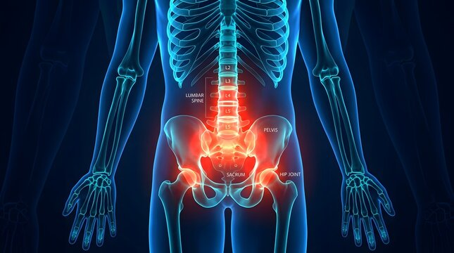 Medical illustration of human lower back pain with glowing red lumbar spine and pelvis anatomy.