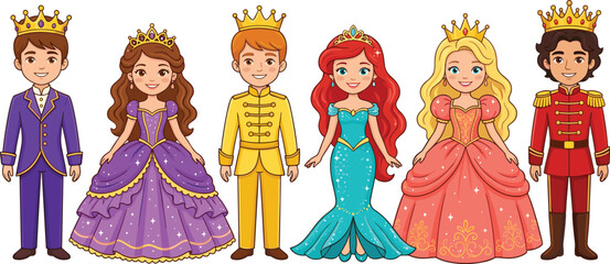 Fairytale Royal Characters Vector Set with Princes and Princesses in Colorful Fantasy Costumes and Crowns Isolated on White Background Illustration © MstBobita