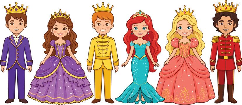 Fairytale Royal Characters Vector Set with Princes and Princesses in Colorful Fantasy Costumes and Crowns Isolated on White Background Illustration