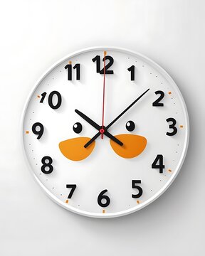 Minimalist white wall clock with cute cartoon duck face design isolated on white background 3D render