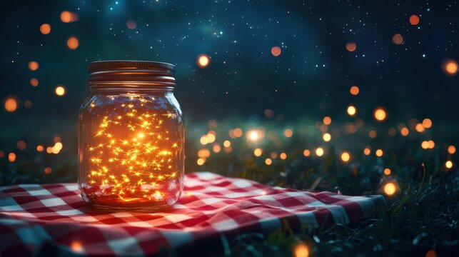 Mason Jar Filled with Fireflies Glowing on a Red Checkered Cloth
