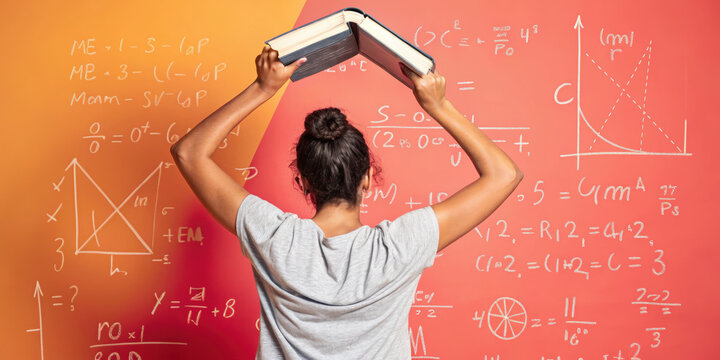 Student holding book above head facing orange wall with mathematical formulas and graphs written white chalk, showing frustration and study