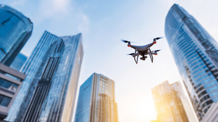 Obraz premium Drone flying against bright clear sky among modern skyscrapers, urban technology and surveillance concept