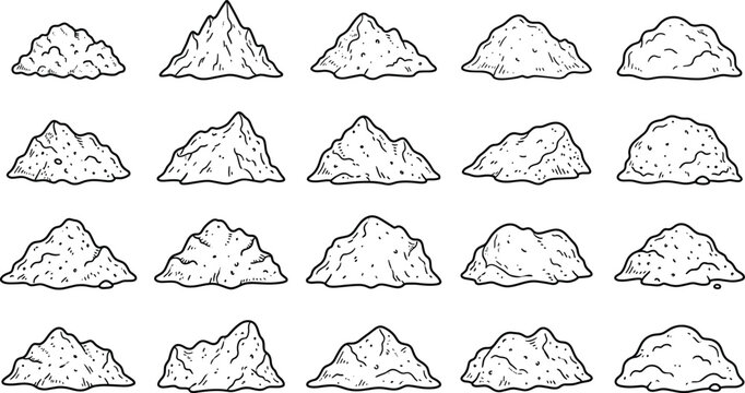 Hand Drawn Sand Pile Collection with Dirt Mounds, Soil Heap Elements and Construction Material Vector Illustration Set