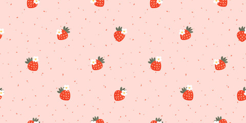 Pattern seamless pastel flower and berry strawberry gingham line. Summer and spring background bright green grid with sweet wave lines. Girly or childish simple vector graphic background. © alia.kurianova