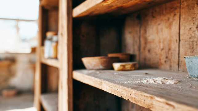 Old wooden shelves receiving warm light, showing scarcity and food shortage with dust and crumbs