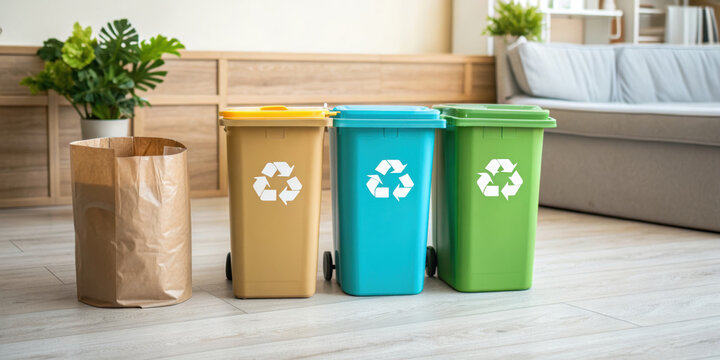 Recycling bins with yellow, blue, and green lids stand next to brown paper bag in bright living room with wooden floor and sofa