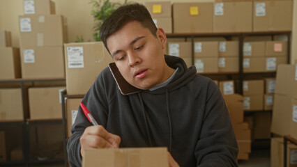 Man holding smartphone to ear writes parcel with red pen using right hand in a building office...