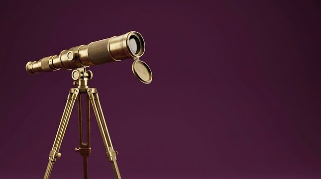 Brass telescope on a tripod features sharp focus and golden metallic texture against a deep plum backdrop with side composition. Perfect for corporate strategy and future planning presentations.