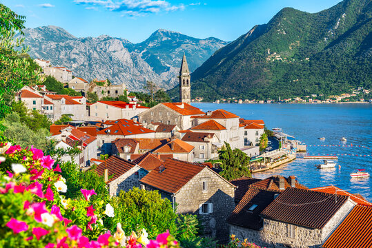 Perast, Montenegro. Hillside town on Bay of Kotor, Adriatic Sea.